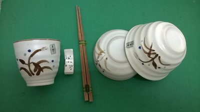 大熊舊書坊-日式和風杯碗5件組 和風碗陶藝杯筷子筷子架