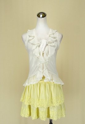 貞新 Rue de B 日本 白色V領無袖棉質上衣M(2號)+bait 專櫃 粉黃棉質質蕾絲蛋糕裙F號(76544)