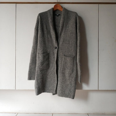 【米倉】二手百貨專櫃女裝日本優衣庫Uniqlo灰色羊毛羅紋針織大衣針織衫針織外套長袖毛衣外套純羊毛大衣羊毛毛衣外套