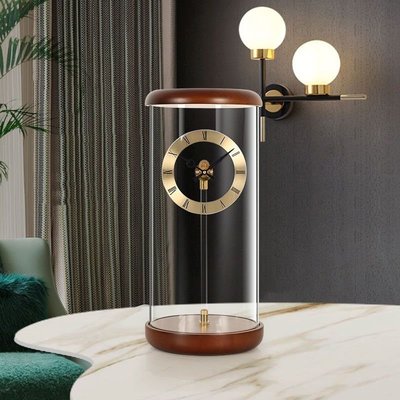 輕奢現代座鐘客廳家用時尚桌面時鐘表簡約實木臺式透明小臺鐘擺件~熱銷