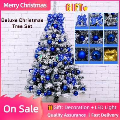 現貨 聖誕節 聖誕樹 聖誕裝飾 韓系雪植絨聖誕樹套餐, 帶裝飾LED燈紅金藍耶誕樹120/150/180公分聖誕裝飾-誠