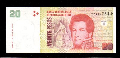 【低價外鈔】阿根廷ND (2018)年20PESO紙鈔一枚，G字軌，絕版少見~
