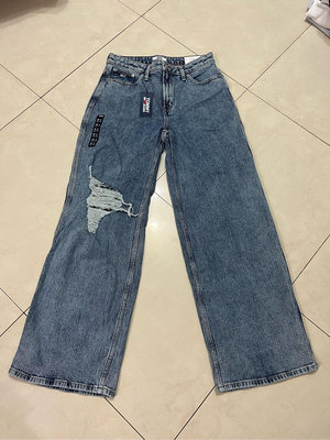 全新正品 美國Tommy Jeans淺藍色刷破彈性牛仔褲 直筒褲 6/28腰