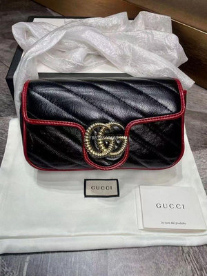 【二手】Gucci 古琦mini marmont 黑色拼紅邊 螺紋GG鏈條包折上折