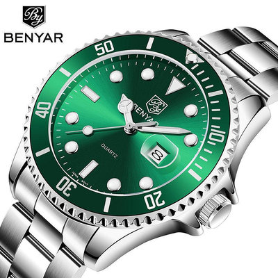 新款推薦百搭手錶 賓雅benyar男士手錶石英錶時尚防水夜光綠水鬼鋼帶手錶男腕錶5161 促銷
