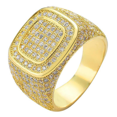 方形鋯石嘻哈戒指hiphop個性潮男鑲鑽復古鍍金指環帶鑽