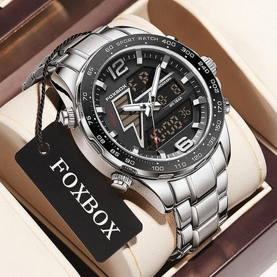 FOXBOX男士手錶原裝石英防水多功能LIGE雙顯示數字休閒不銹鋼手錶男