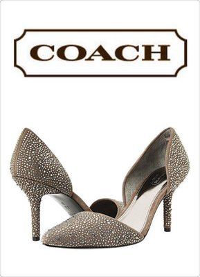 全新附盒 真品 COACH Camille 時尚水鑽款麂皮材質跟鞋  size：US7（灰褐）