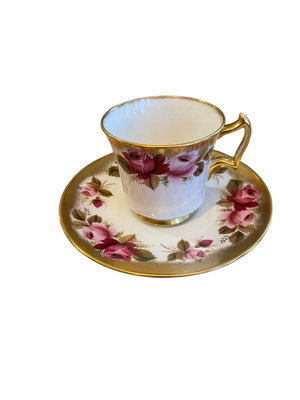 英國中古瓷器皇家切爾西重金紅玫瑰咖啡骨瓷杯盤