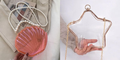 超美粉色珍珠側背斜背貝殼包+金色可愛星星透明硬殼包