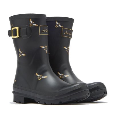 Joules Molly Black Metallic Bees Mid Height Printed Wellies