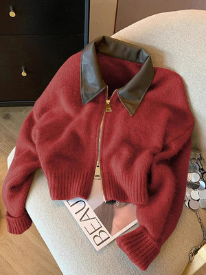 新年紅色拉鏈翻領針織開衫女秋冬洋氣減齡小香風毛衣外套polo上衣