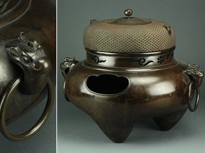已售日本 江戶期 大型 厚重 紫斑銅 鬼面風爐  古董 茶道 花道  風爐 銅壺 砂鐵 鐵壺 杯托 銀壺