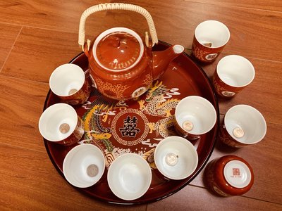 麗台 早期 福壽四角印 福壽茶具組 老物件 瓷器 10杯+1茶壺+1古物茶盤 非大同