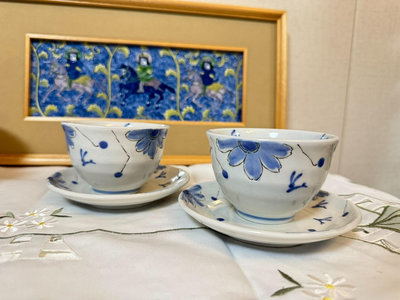 日本 中古 回流陶瓷 美濃燒 青花兔子圖案 茶杯