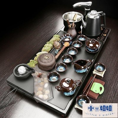熱銷 整塊烏金石茶盤套裝現代家用辦公陶瓷喝茶茶具會客流水式茶臺整套-(null)