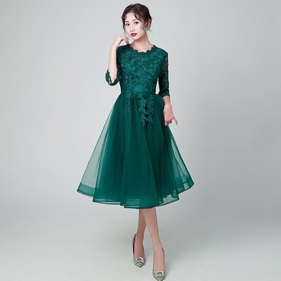 快速到貨 外貿禮服女日韓新款綠色顯瘦公司年會中袖中長款主持人洋裝