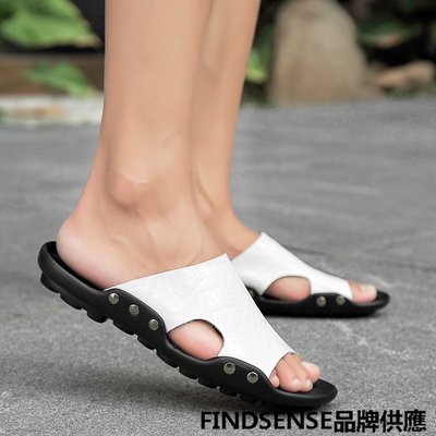 FINDSENSE品牌  新款 日本 情侶 高品質 真皮 簡約 一字拖鞋 舒適橡膠底 時尚 涼鞋 休閒鞋 潮流鞋子