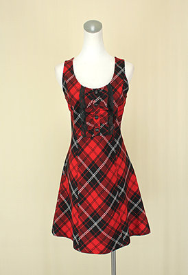 貞新 MA TSU MI 瑪之蜜 紅色格紋圓領無袖棉質洋裝M號(46392)似KNIGHTS BRIDGE