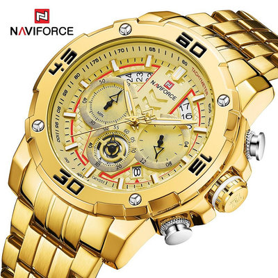 Naviforce 頂級全新男士手錶運動計時碼表男士手錶頂級品牌豪華銀色軍用不銹鋼石英男時鐘 9175