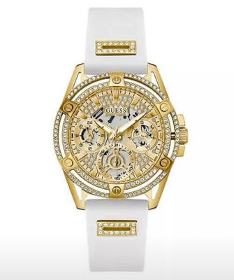 GUESS Queen 鑲水鑽 金色調鏤空錶盤 白色矽膠錶帶 石英 女士手錶 GW0536L2