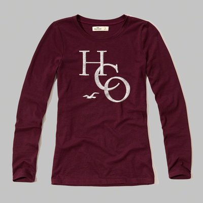 【HOLLISTER Co.】【HCO】【零碼XS】HC女款長袖T恤銀蔥大HCO酒紅 F07160111-07