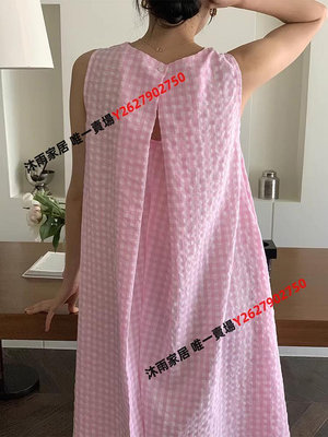 韓國chic夏季甜美氣質圓領后背鏤空設計褶皺格子無袖背心連衣裙女-沐雨家居