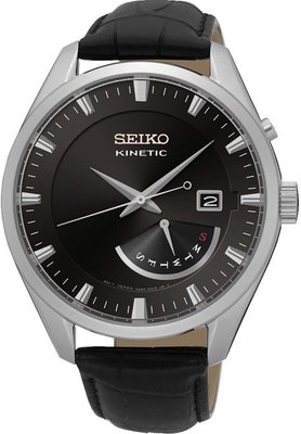 【金台鐘錶】SEIKO 精工 人動能 不鏽鋼錶殼 防水 石英男錶  黑面皮帶  SRN045P2