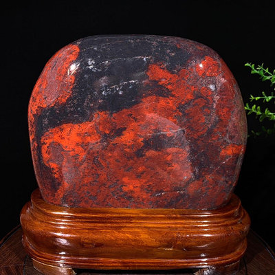 廣西雞血玉 天然原石打磨帶座高25×24×7厘米 重8公斤650496 奇石 擺件【九州拍賣】