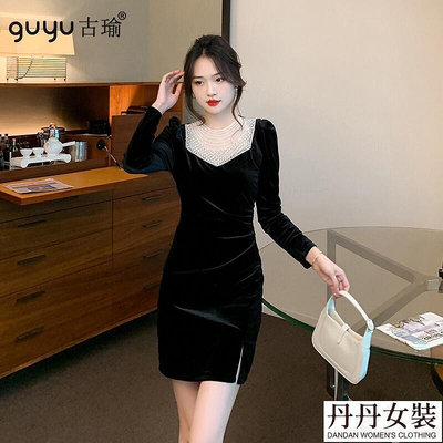 guyu古瑜 秋冬洋裝 sxl新款高級感絲絨洋裝釘珠短板緊身連身裙黑色宴會小禮服-丹丹女裝