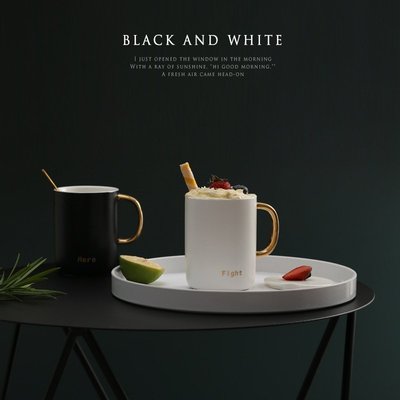 【熱銷精選】北歐黑白陶瓷杯子創意早餐馬克杯帶蓋勺喝水杯家用咖啡杯男女茶杯