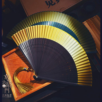 中國風漸變折扇子綠色金色古風純色漢服配飾流蘇攝影男女跳舞蹈扇