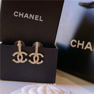 HANNA精品香奈兒Chanel 銀色針式水鑽 雙C LOGO耳環 針式耳環 全新 正品