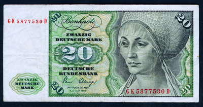 德國1980年版 20德國馬克 (畫家丟勒作品 圖爾肖像)7成以上品相！ 紙幣 紀念鈔 紙鈔【悠然居】495