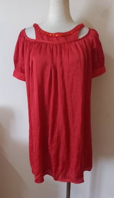 橘紅色短袖露肩寶石裝飾時尚洋裝